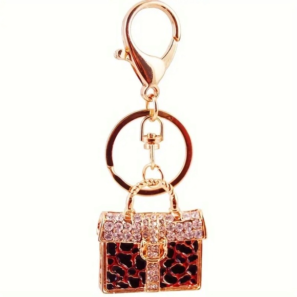 Bag Charm Gold red/black Leopard Print Purse Keychain - Picture 3 of 4